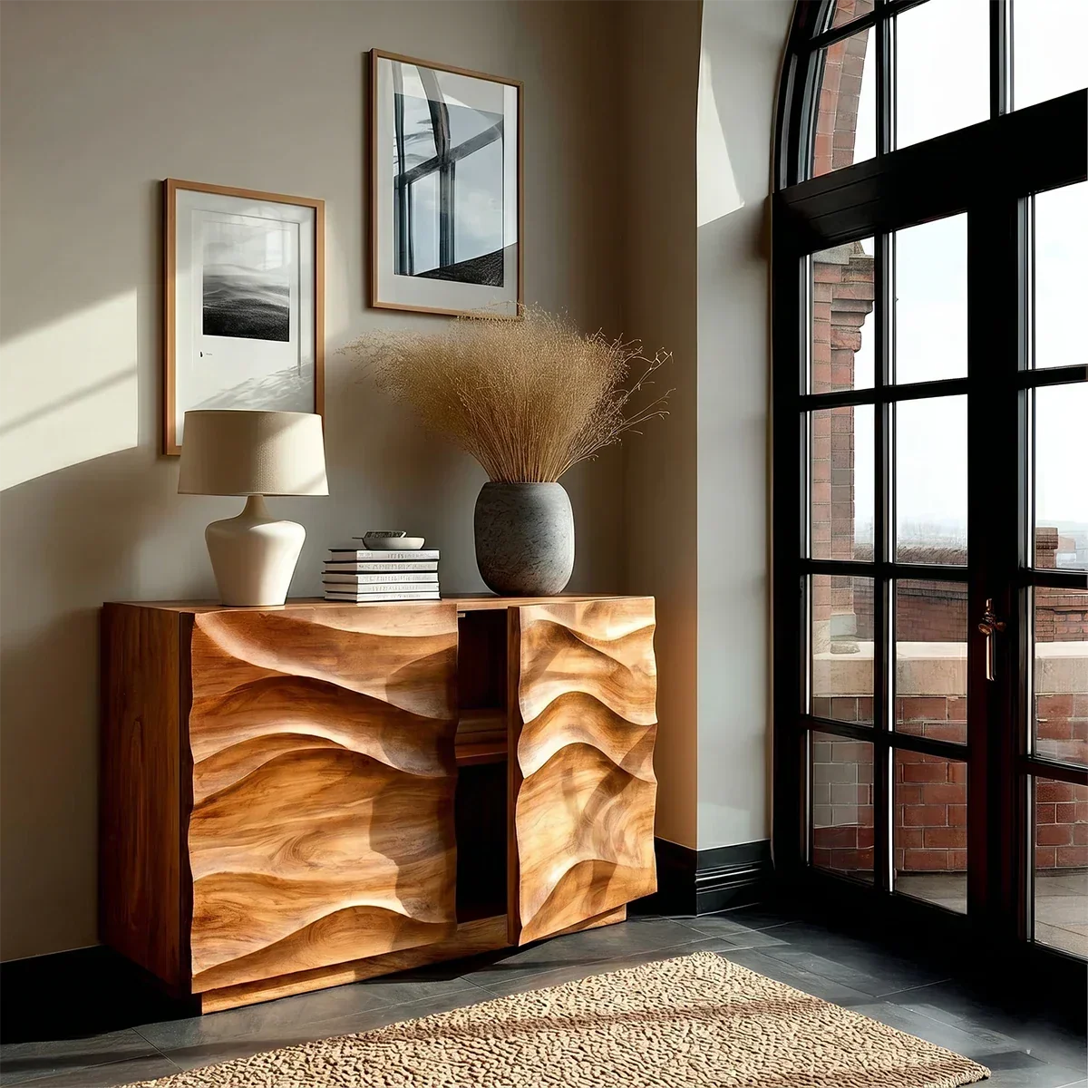 Modern Accent Sideboard in Natural Solid Wood with Flowing Relief Design - ArborisWood - 5