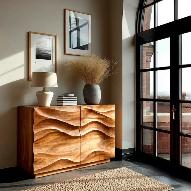 Modern Accent Sideboard in Natural Solid Wood with Flowing Relief Design - ArborisWood