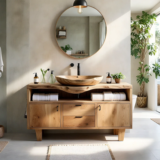 Modern ash wood bathroom vanity with integrated wood basin