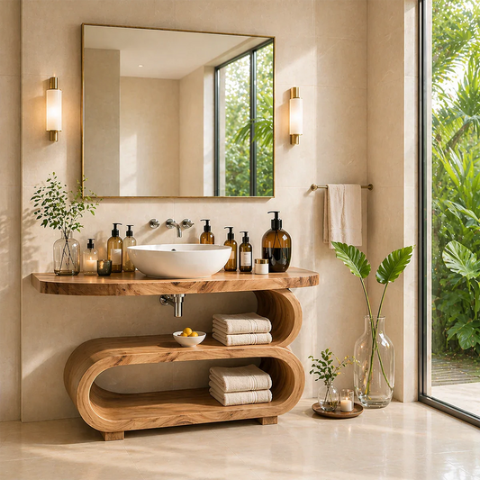 Modern bathroom vanity with organic curved shelf and vessel sink for stylish storage