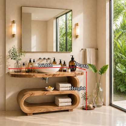 Refined bathroom sink console with sculpted shelf and organized storage for interiors