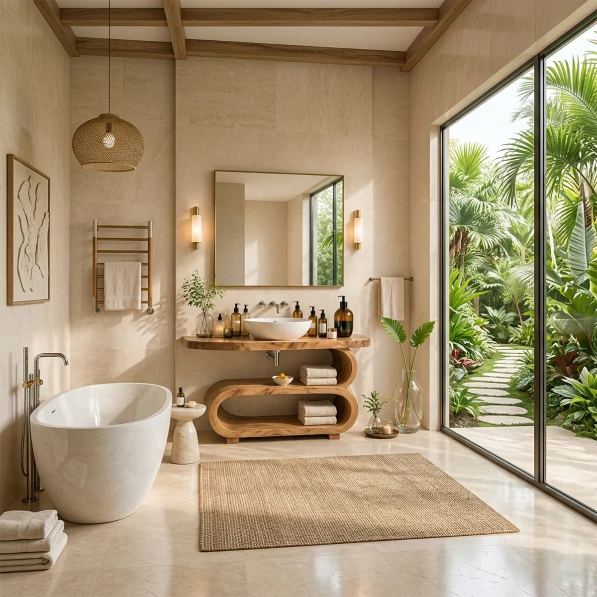 Contemporary bathroom console with flowing shelf design and sink for spa like interiors