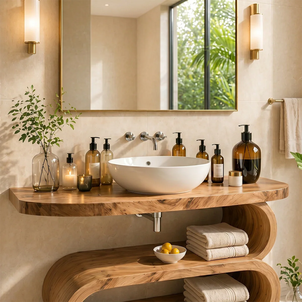 Floating bathroom vanity featuring curved storage shelf and minimalist sink setup
