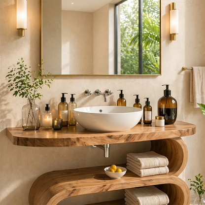 Floating bathroom vanity featuring curved storage shelf and minimalist sink setup