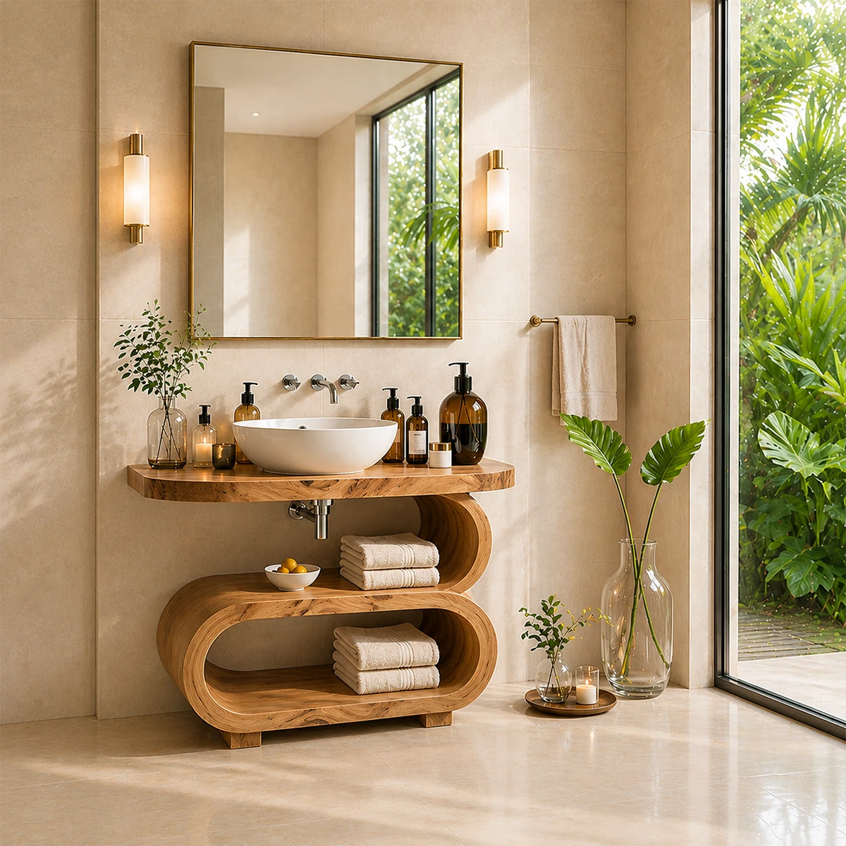 Curved Sculptural Bathroom Vanity Natural Solid Wood Freestanding Design