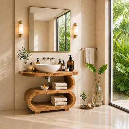 Curved Sculptural Bathroom Vanity Natural Solid Wood Freestanding Design