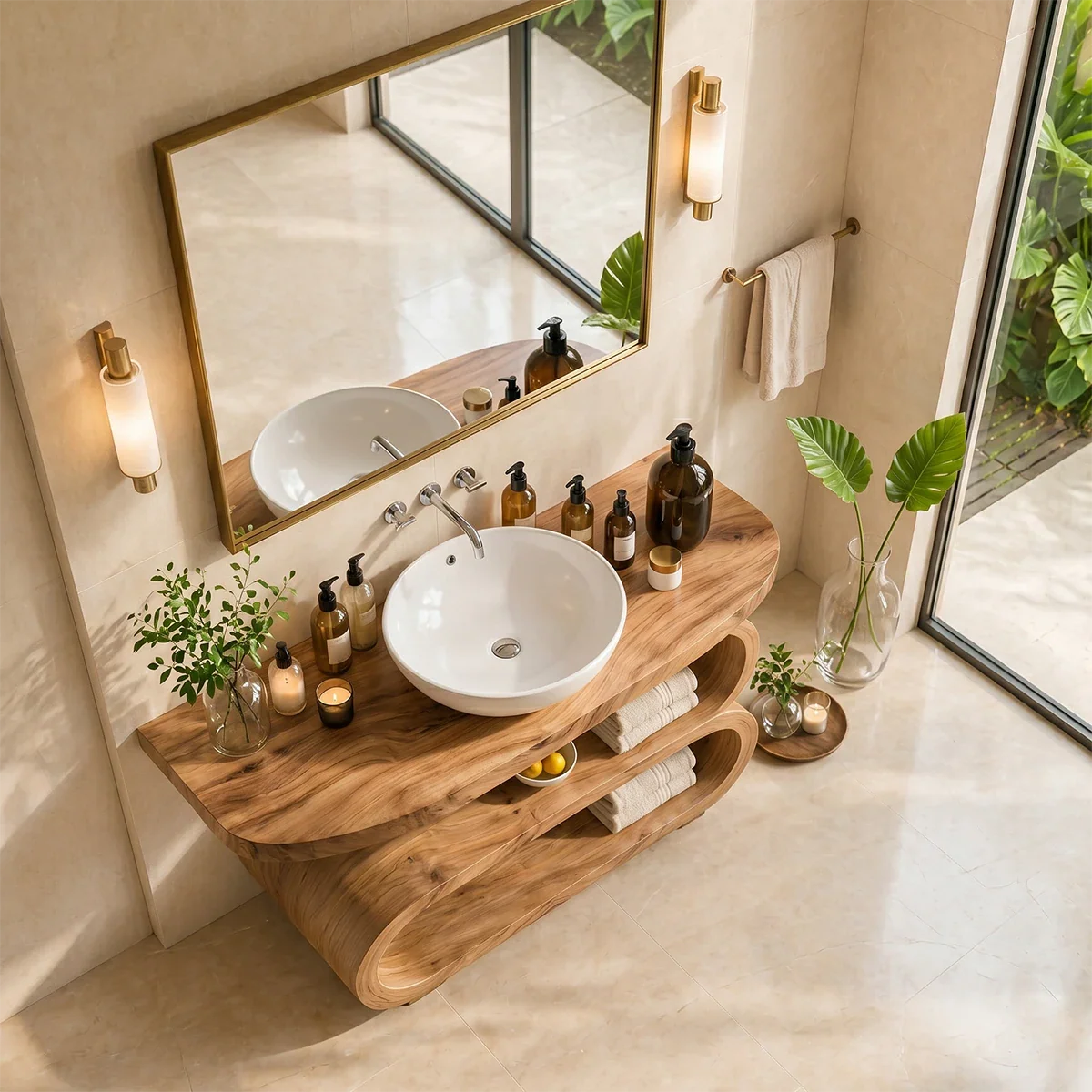 Elegant bathroom vanity with curved base shelf and vessel sink for modern spaces