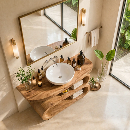 Elegant bathroom vanity with curved base shelf and vessel sink for modern spaces