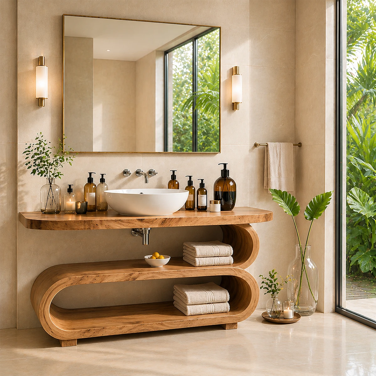 Curved Sculptural Bathroom Vanity Natural Solid Wood Freestanding Design