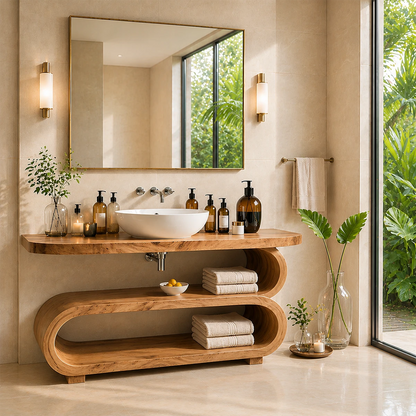 Curved Sculptural Bathroom Vanity Natural Solid Wood Freestanding Design