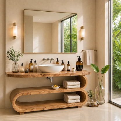 Curved Sculptural Bathroom Vanity Natural Solid Wood Freestanding Design