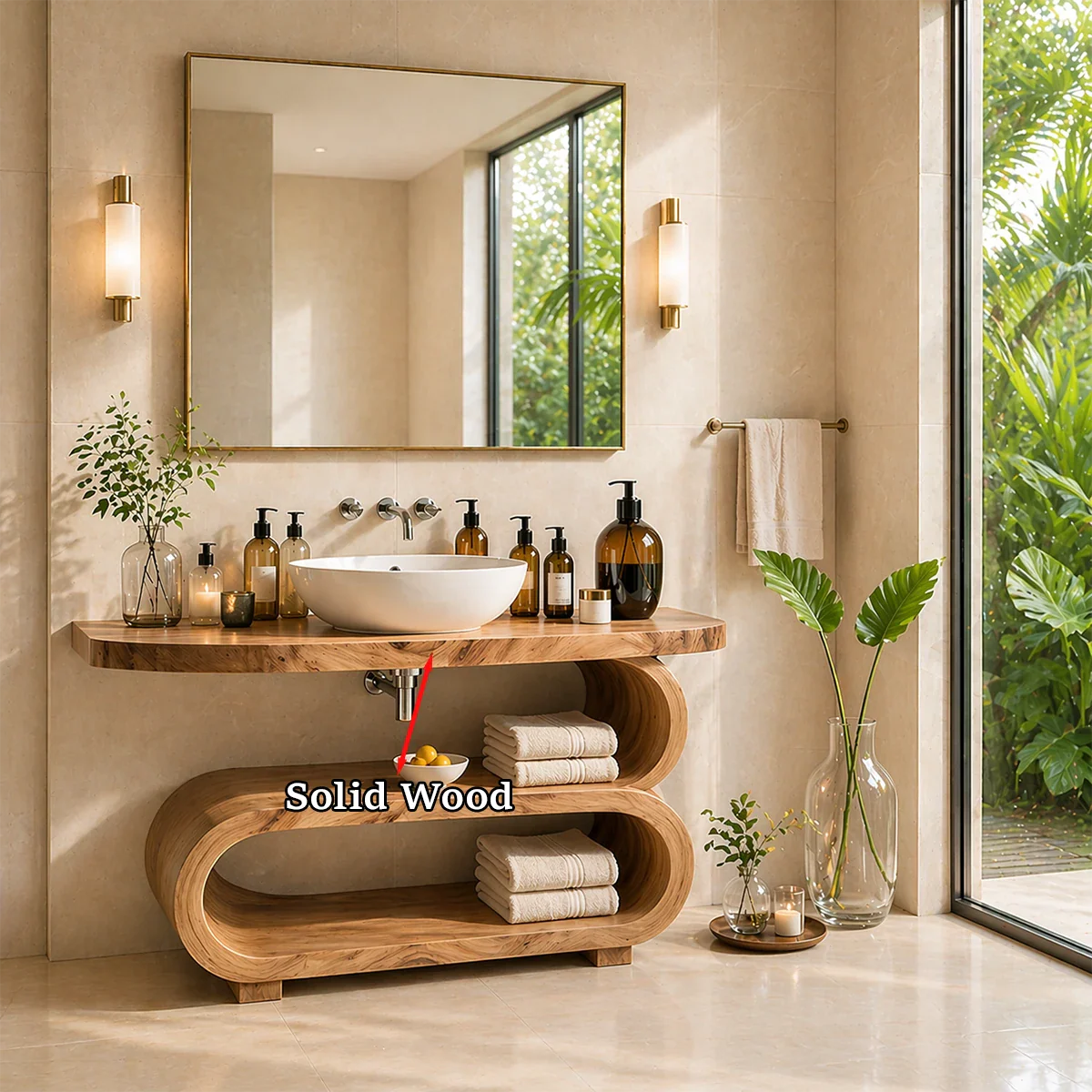 Contemporary washroom vanity with organic shelf design and practical storage space