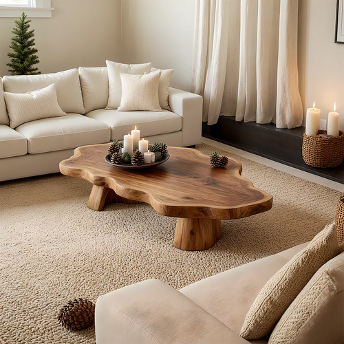Brown coffee table with curved corner plinth base