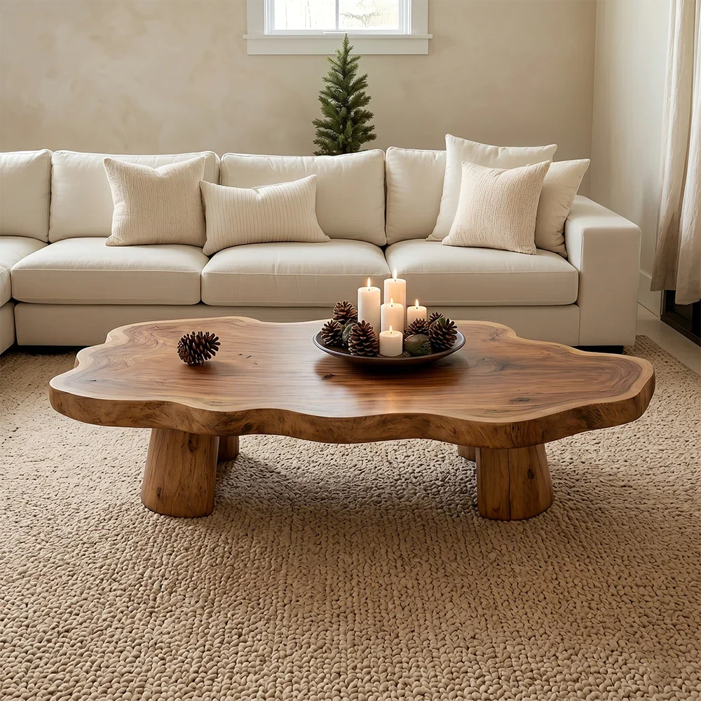 Beige sectional sofa with a wooden coffee table in a living room setting.