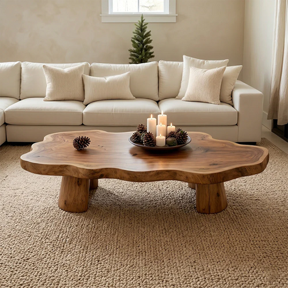 Beige sectional sofa with a wooden coffee table in a living room setting.