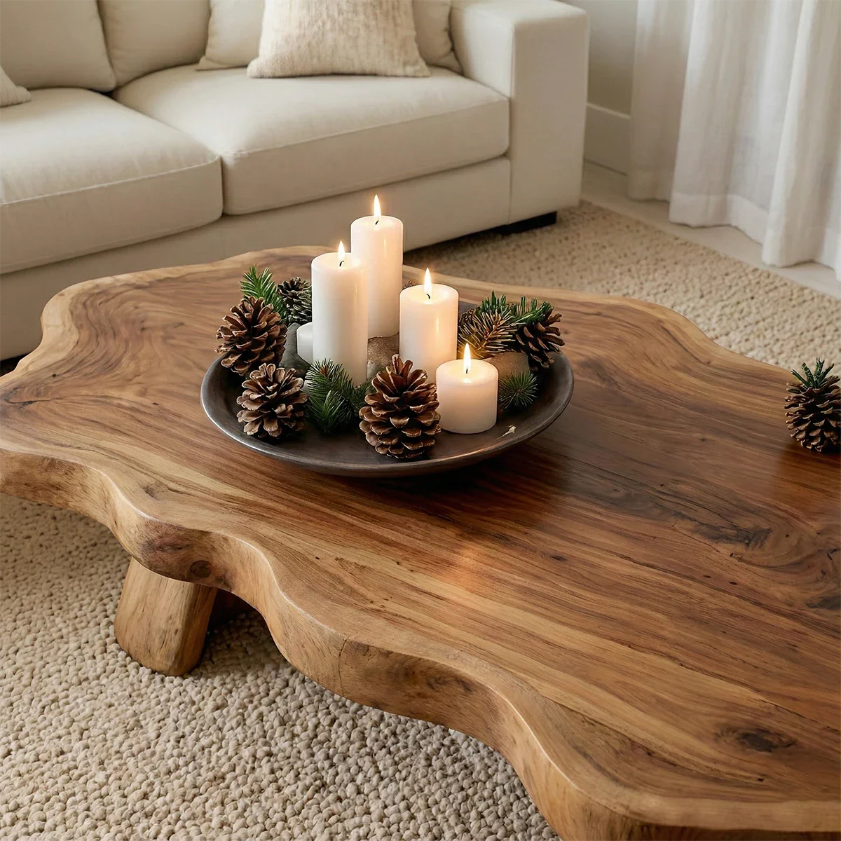 Brown coffee table with rounded edges and plinth base