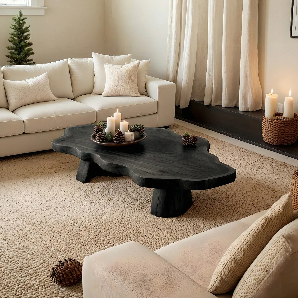 Designer black coffee table with low plinth base