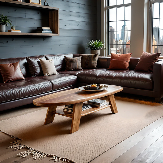 Brown finish coffee table with sculptural curved base and smooth surface in a modern minimalist living space