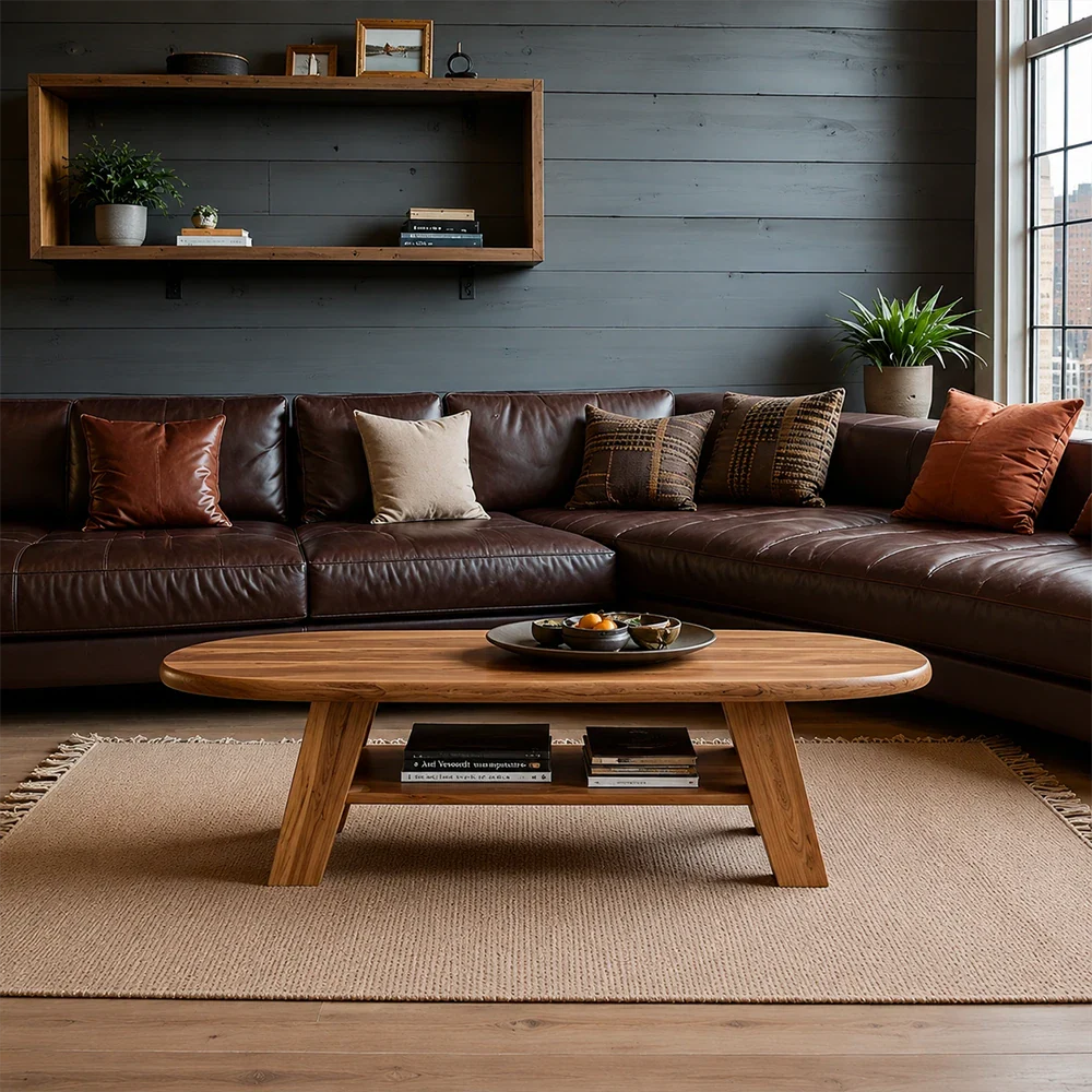 Living room with brown leather sectional sofa, wooden coffee table, and wall shelf.