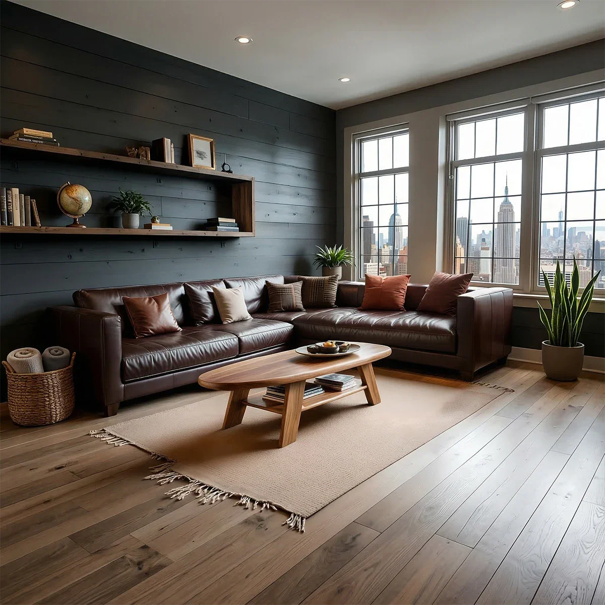 Coffee table in brown color finish with flowing base design and rounded edges in a bright interior setting