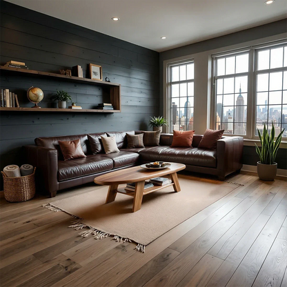 Coffee table in brown color finish with flowing base design and rounded edges in a bright interior setting
