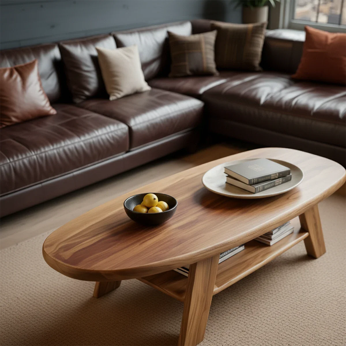 Modern coffee table with brown finish and organic base shape in a clean and calm living room environment