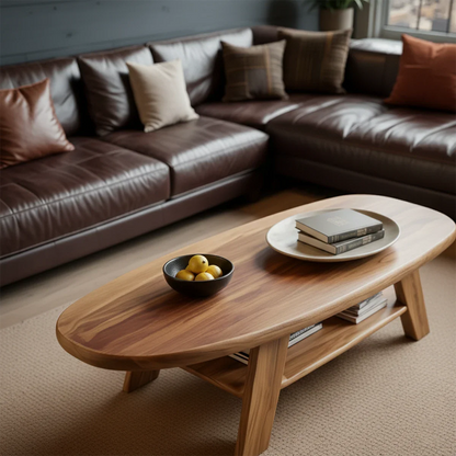 Modern coffee table with brown finish and organic base shape in a clean and calm living room environment