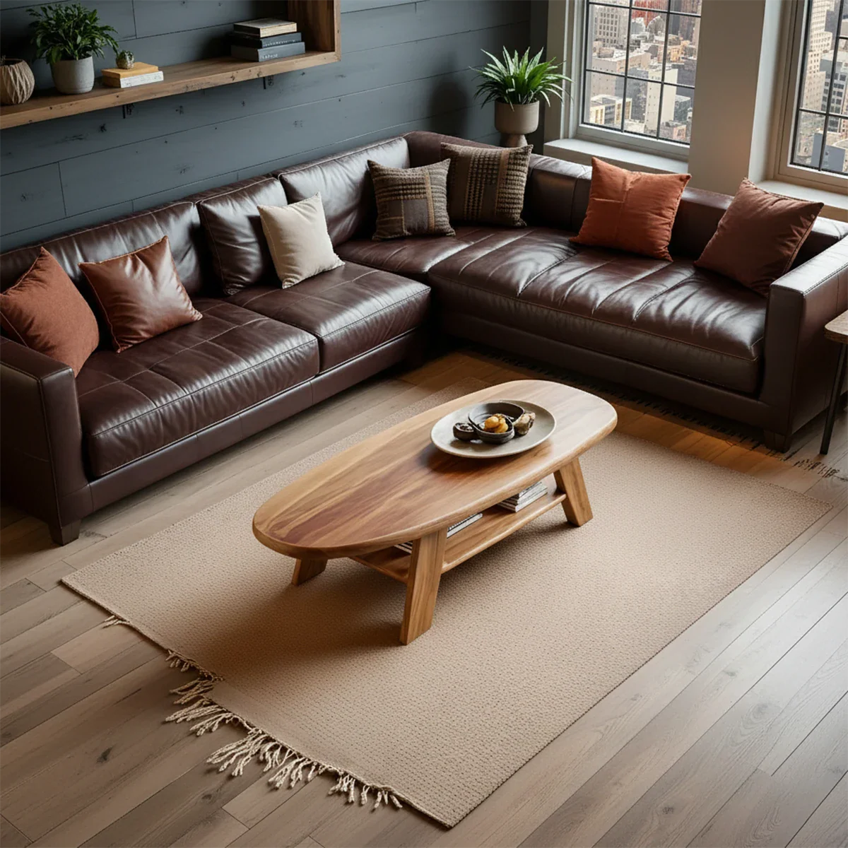 Brown color coffee table with sculptural curved base and seamless top in a soft neutral home interior