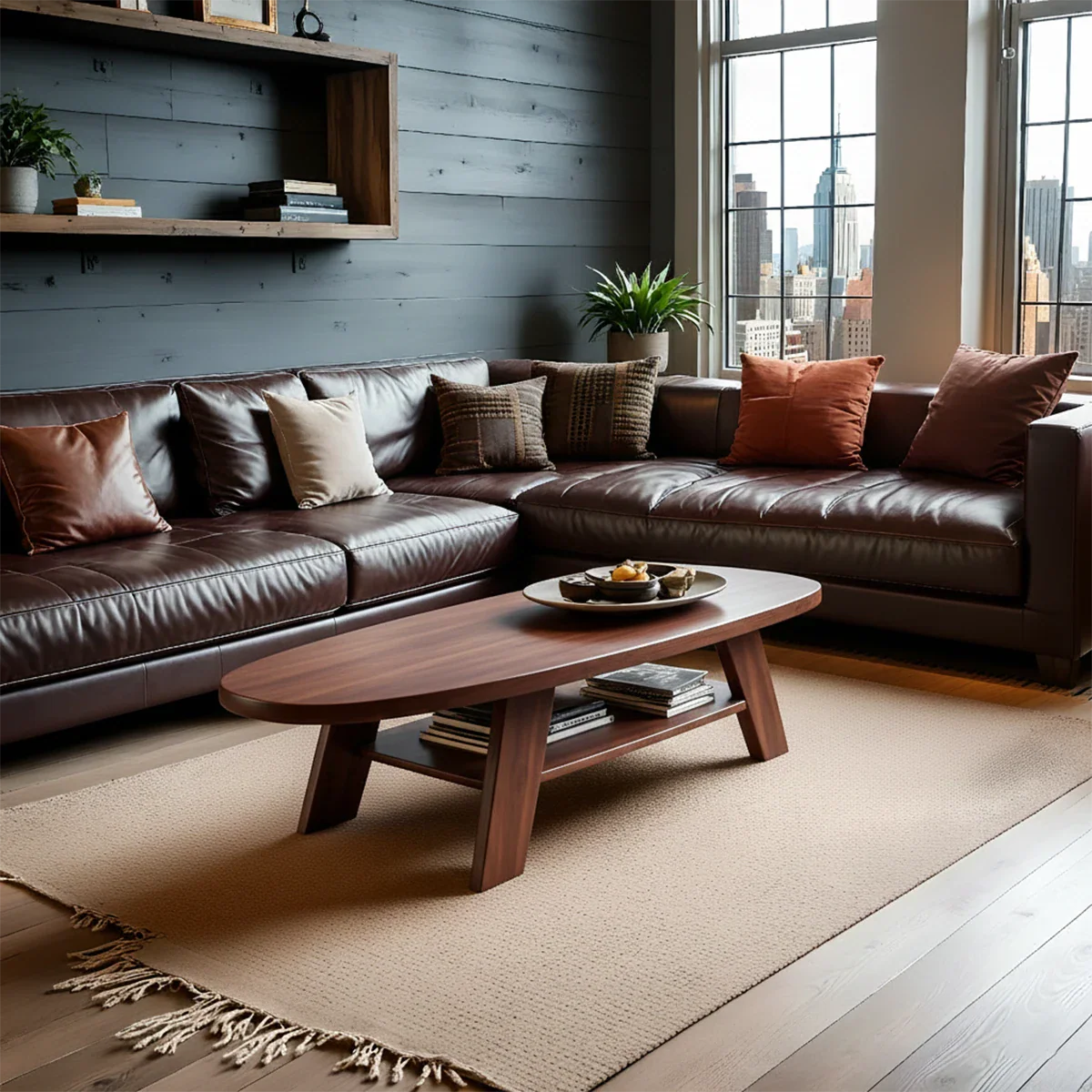 Coffee table with walnut finish featuring smooth edges and balanced design in a contemporary living space