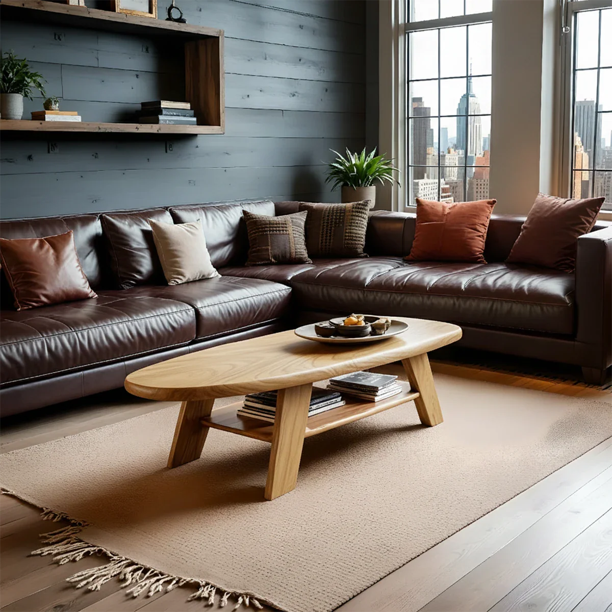 Contemporary coffee table in oak finish with curved base form in a refined modern interior setting