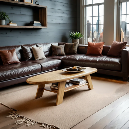 Contemporary coffee table in oak finish with curved base form in a refined modern interior setting