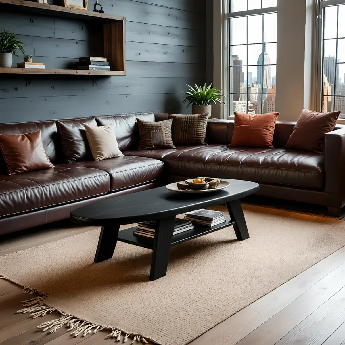 Black finish coffee table with organic silhouette and smooth surface in a minimalist styled living room