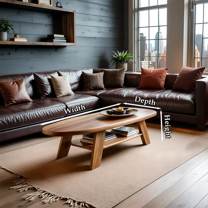Brown finish coffee table with flowing base shape and rounded top in a clean contemporary environment