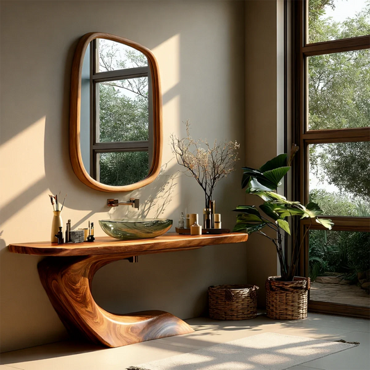 Modern bathroom with brown wood bathroom vanity and glass vessel sink.