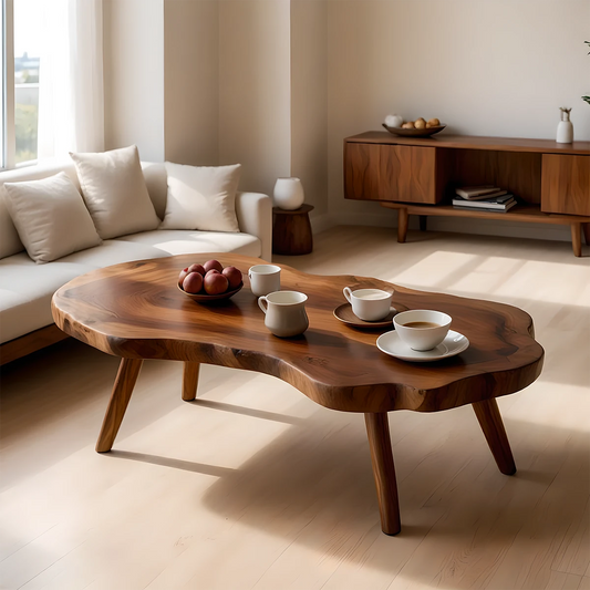 Modern brown coffee table with sculpted platform base