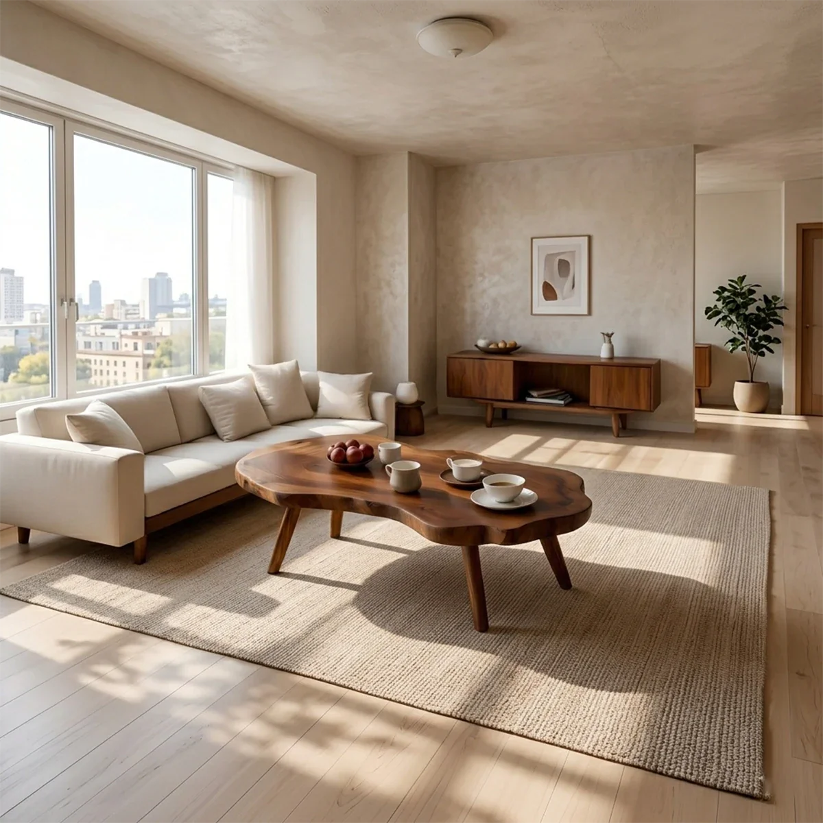 Brown wood coffee table with asymmetrical contour design