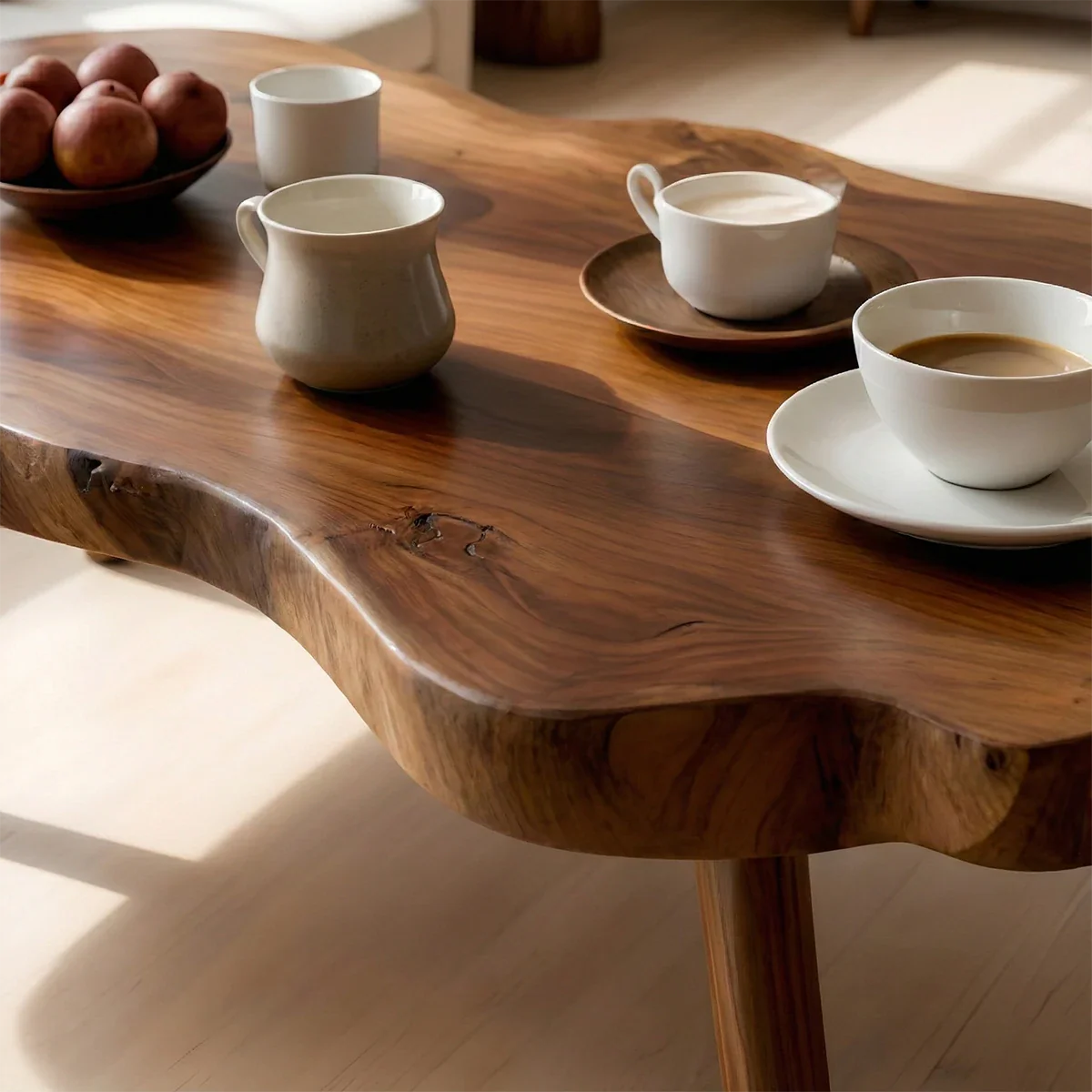Organic brown wood coffee table with soft contour edges