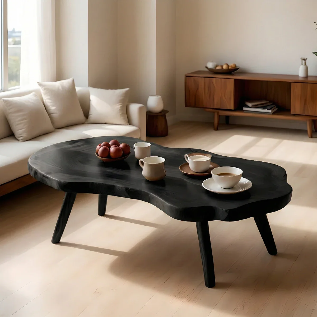 Minimal brown wood coffee table with organic silhouette
