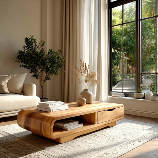Modern coffee table with open shelf storage and curved edges for clean living room styling