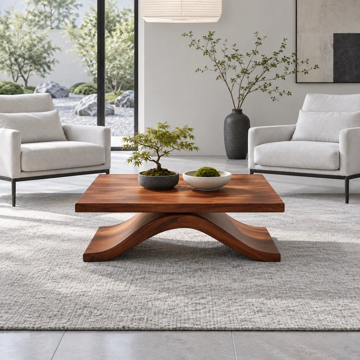 Modern Coffee Table with Live-Edge Slab Top on Single Arched Sweep Base