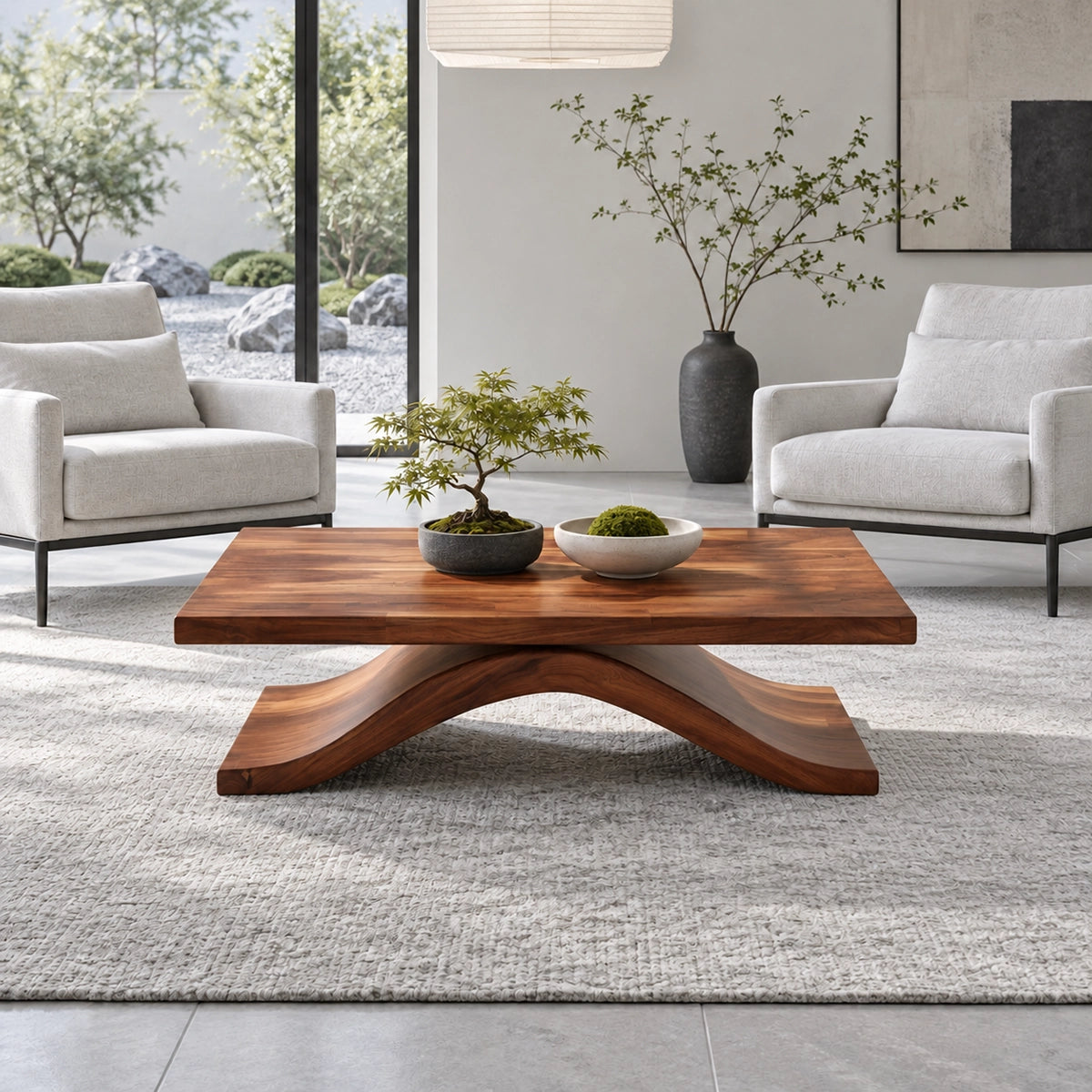 Modern Coffee Table with Live-Edge Slab Top on Single Arched Sweep Base