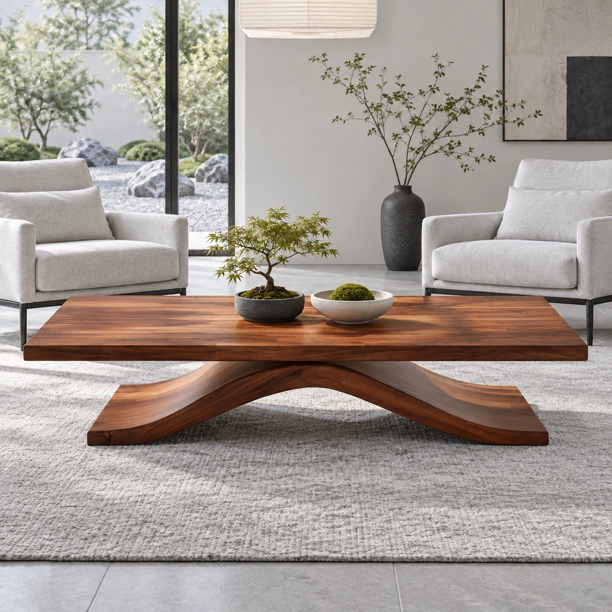 Modern Coffee Table with Live-Edge Slab Top on Single Arched Sweep Base