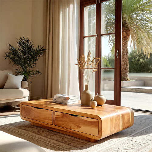 Modern Coffee Table with Storage Drawers – Natural Wood Center Table for Living Room - ArborisWood