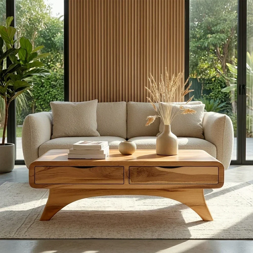 Modern Coffee Table with Two Drawers – Natural Wood Center Table for Living Room - Arboriswood - 3