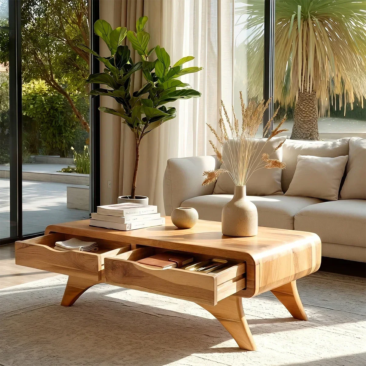 Modern Coffee Table with Two Drawers – Natural Wood Center Table for Living Room - Arboriswood - 5