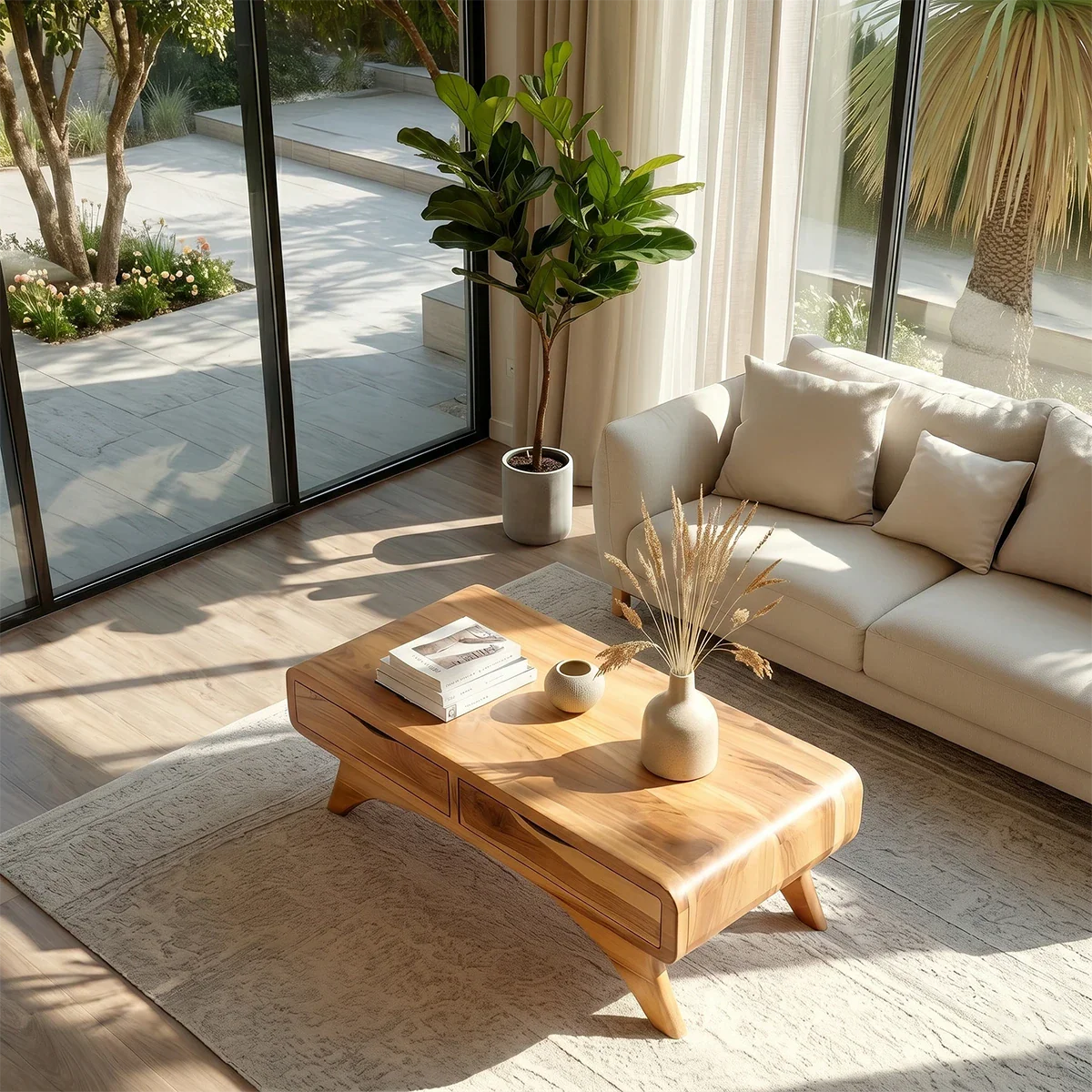 Modern Coffee Table with Two Drawers – Natural Wood Center Table for Living Room - ArborisWood - 6