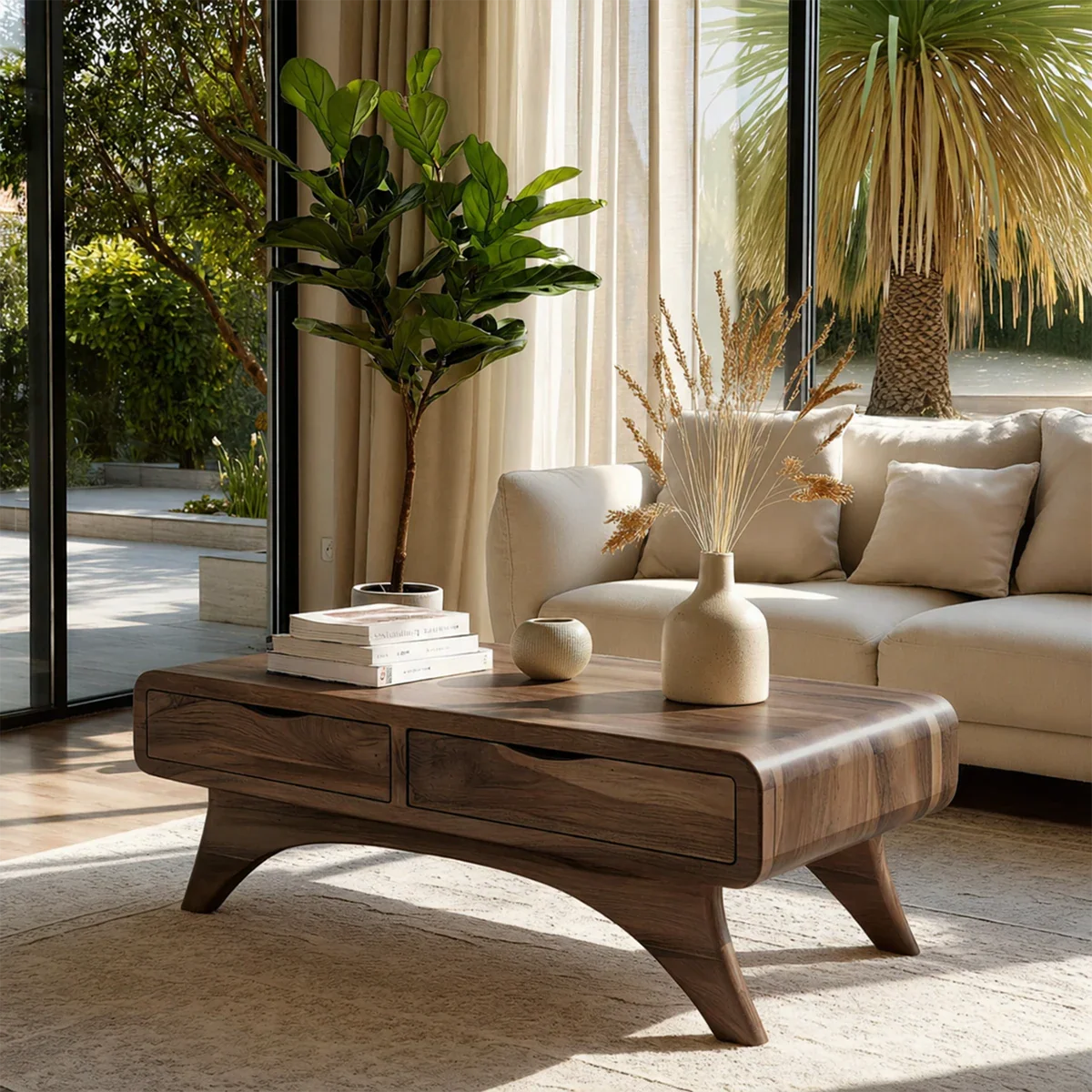 Modern Coffee Table with Two Drawers – Natural Wood Center Table for Living Room - ArborisWood - 8