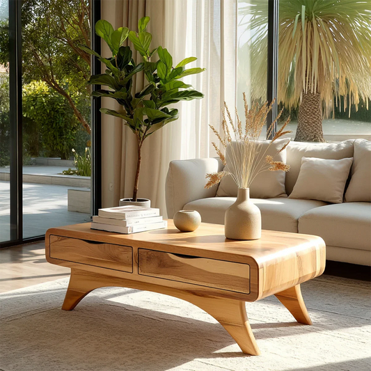 Modern Coffee Table with Two Drawers – Natural Wood Center Table for Living Room - ArborisWood