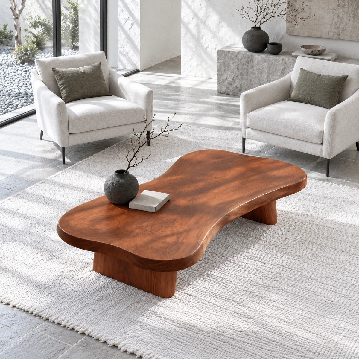 Modern Coffee Table with Undulating Live-Edge Slab on Twin Inset Pillar Blocks - Arboriswood - 5