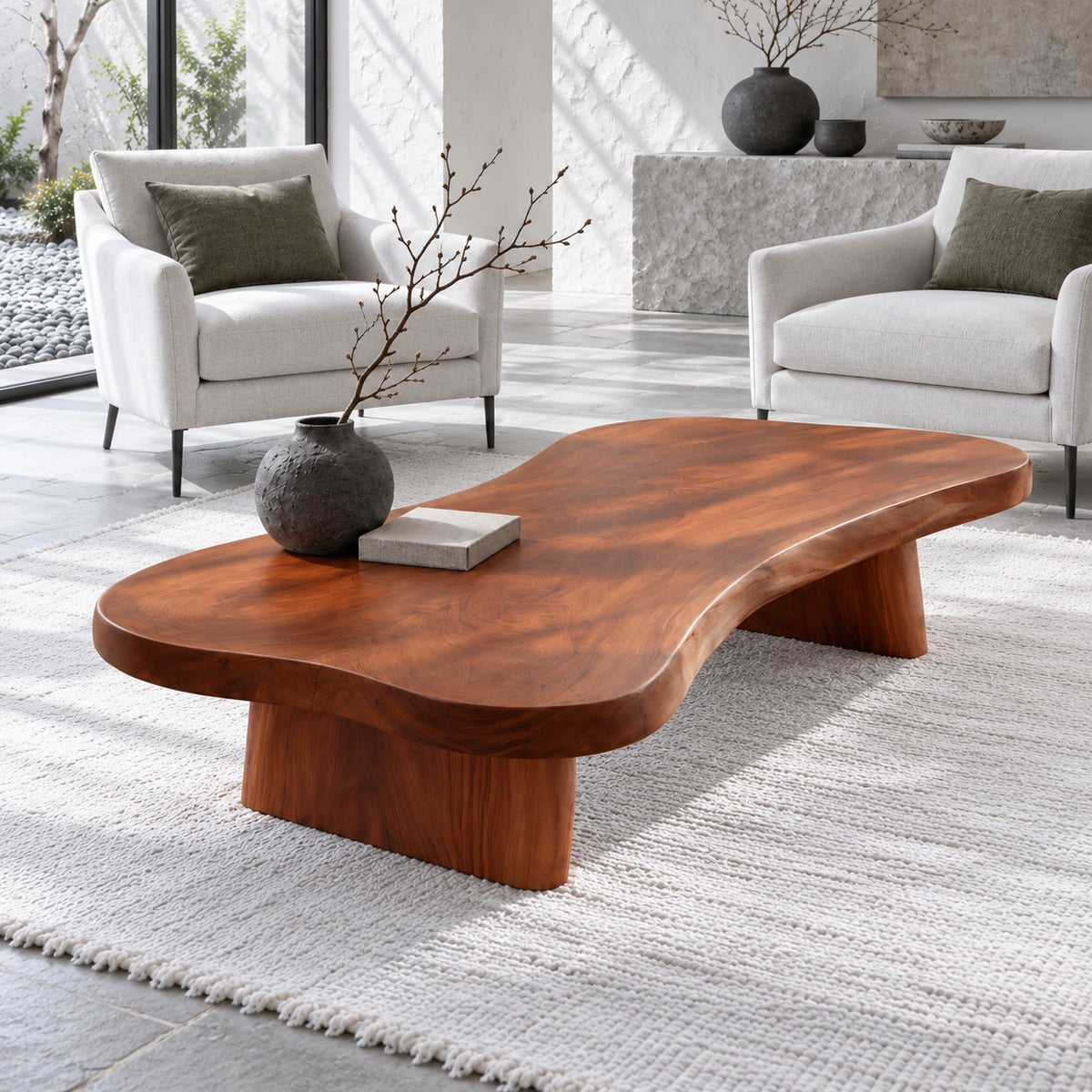 Modern Coffee Table with Undulating Live-Edge Slab on Twin Inset Pillar Blocks - Arboriswood - 6